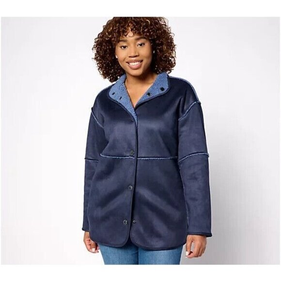 Isaac Mizrahi Live! Reversible Faux Shearling Coat Navy/Denim,2X - Picture 1 of 1